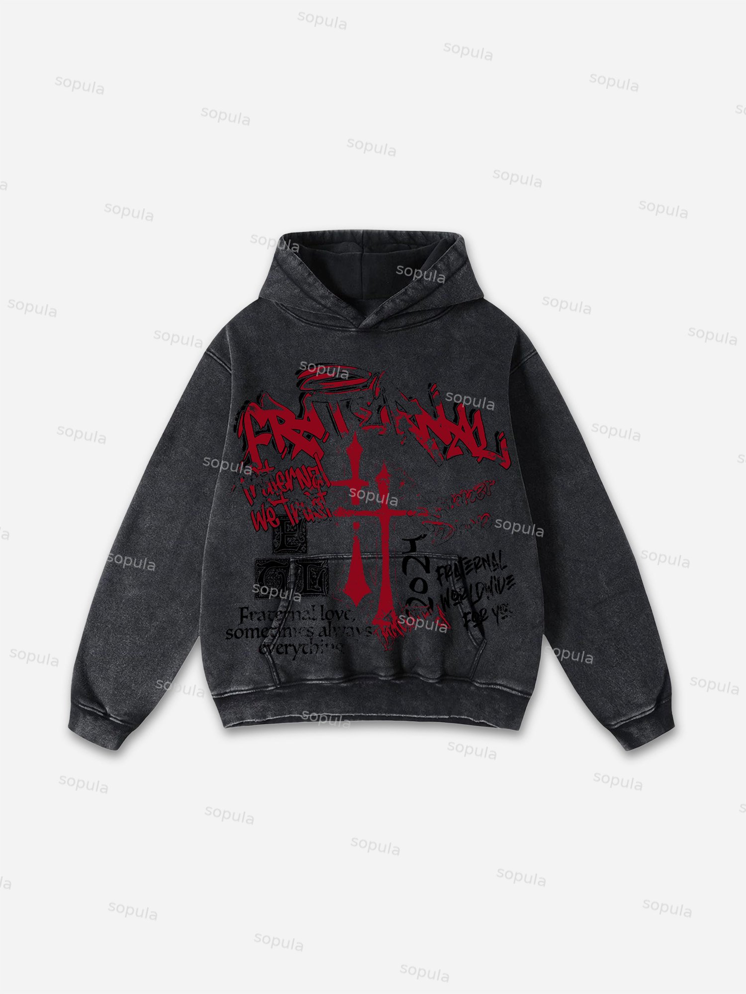 Vintage Fraternal Double Cross Graphic Acid Washed Oversized Hoodie