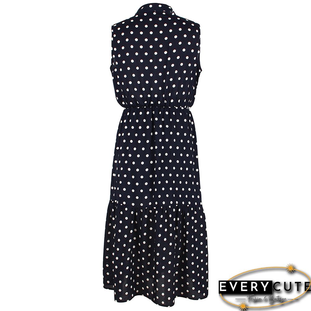 Navy Blue Polka Dot Sleeveless Fashion Dress