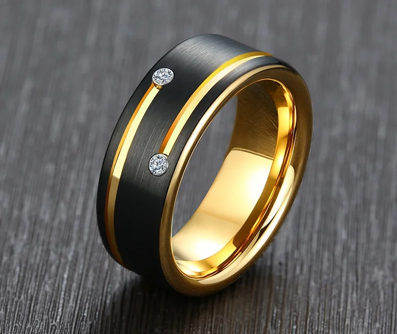 8MM Women's Or Men's Black Tungsten Carbide Wedding Rings Gold Plated Grooved Line Cubic Zircon Inlay