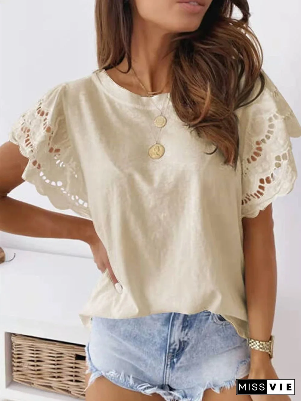 Round Neck Loose Flared Sleeve Solid Color Top
