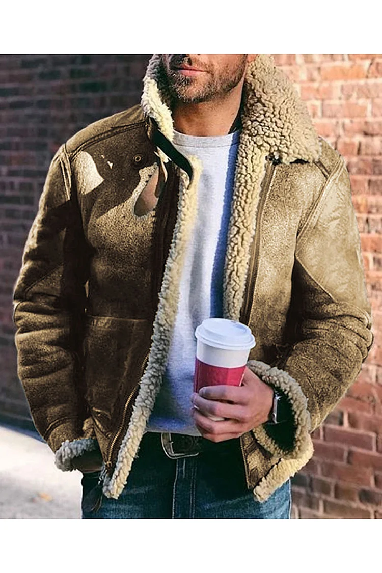 Casual Lapel Collar Long Sleeve Zipper Chamois Plush Lined Jacket