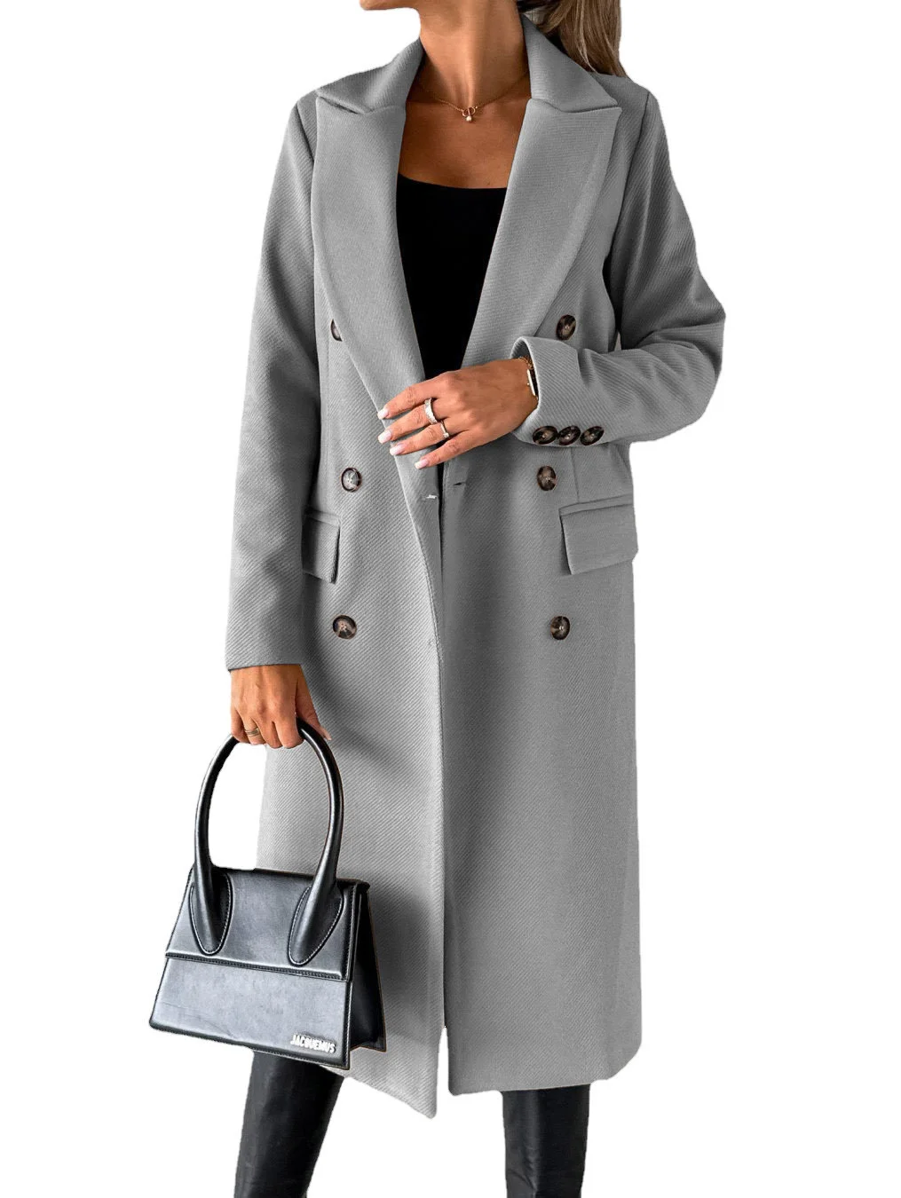 Uveng Uveng Women's Spring 2025 New Coat With Hair, Coat Solid Long-Sleeved Double-Buttoned Bag