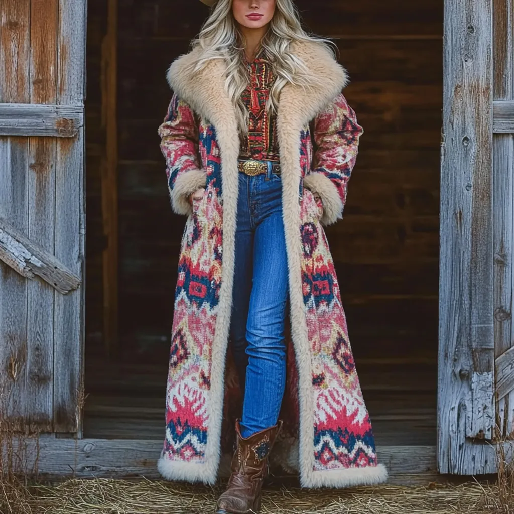 Western Retro Style Women's Aztec Print Coat Plush Autumn And Winter Warm Coat
