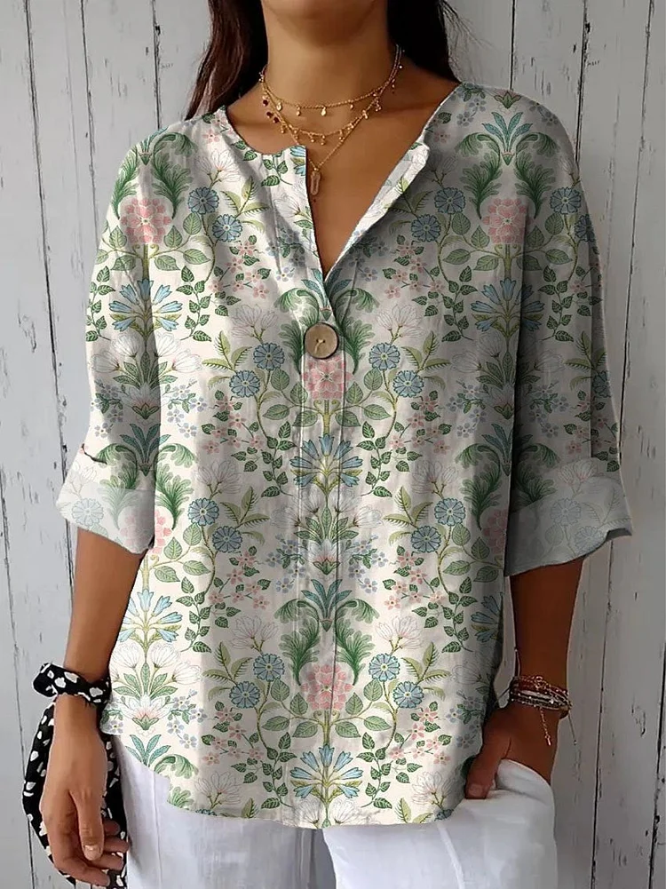 Women's Vintage Lovely Floral Art Print Casual Cotton Linen Shirt