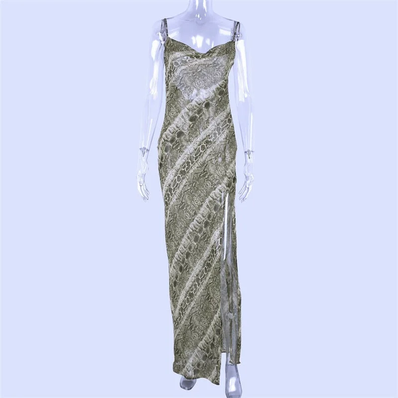 Dulzura snake print chiffon sexy women long party slip maxi sheer dress  strap backless slit elegant  2019 autumn clothes