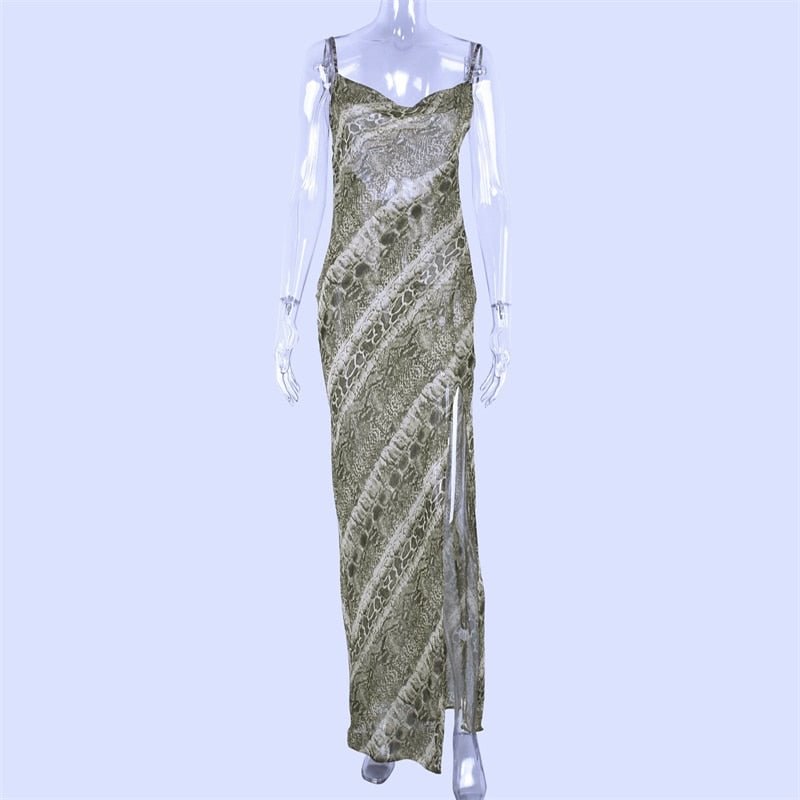 Dulzura snake print chiffon sexy women long party slip maxi sheer dress  strap backless slit elegant  2019 autumn clothes