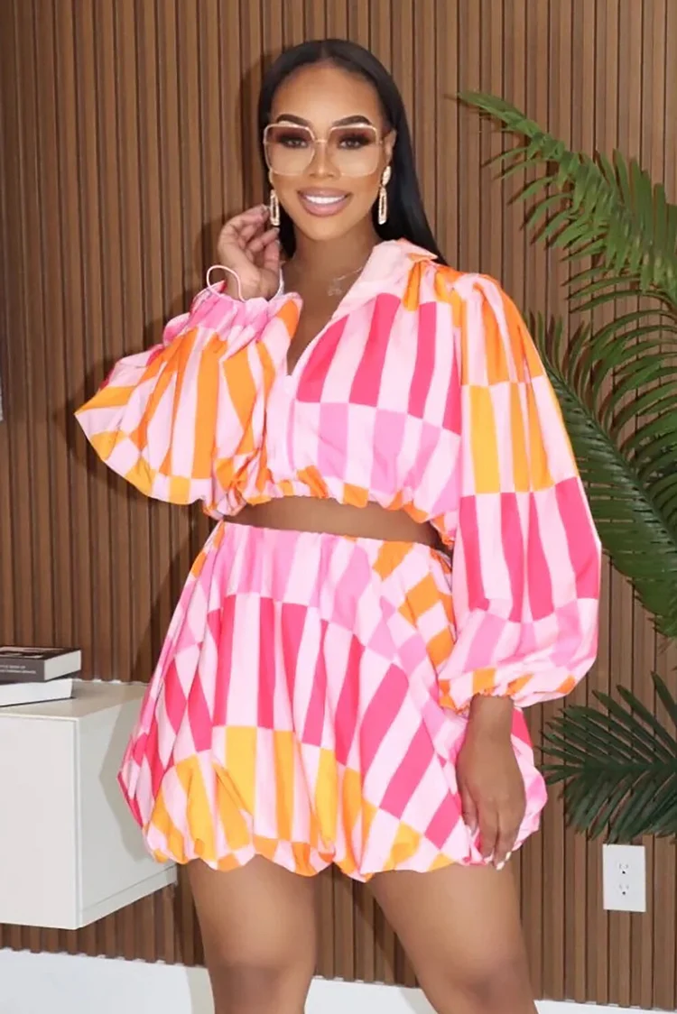 Colorblock Striped Lantern Sleeve Crop Top Bubbled Mini Skirt 2pcs Set-Pink