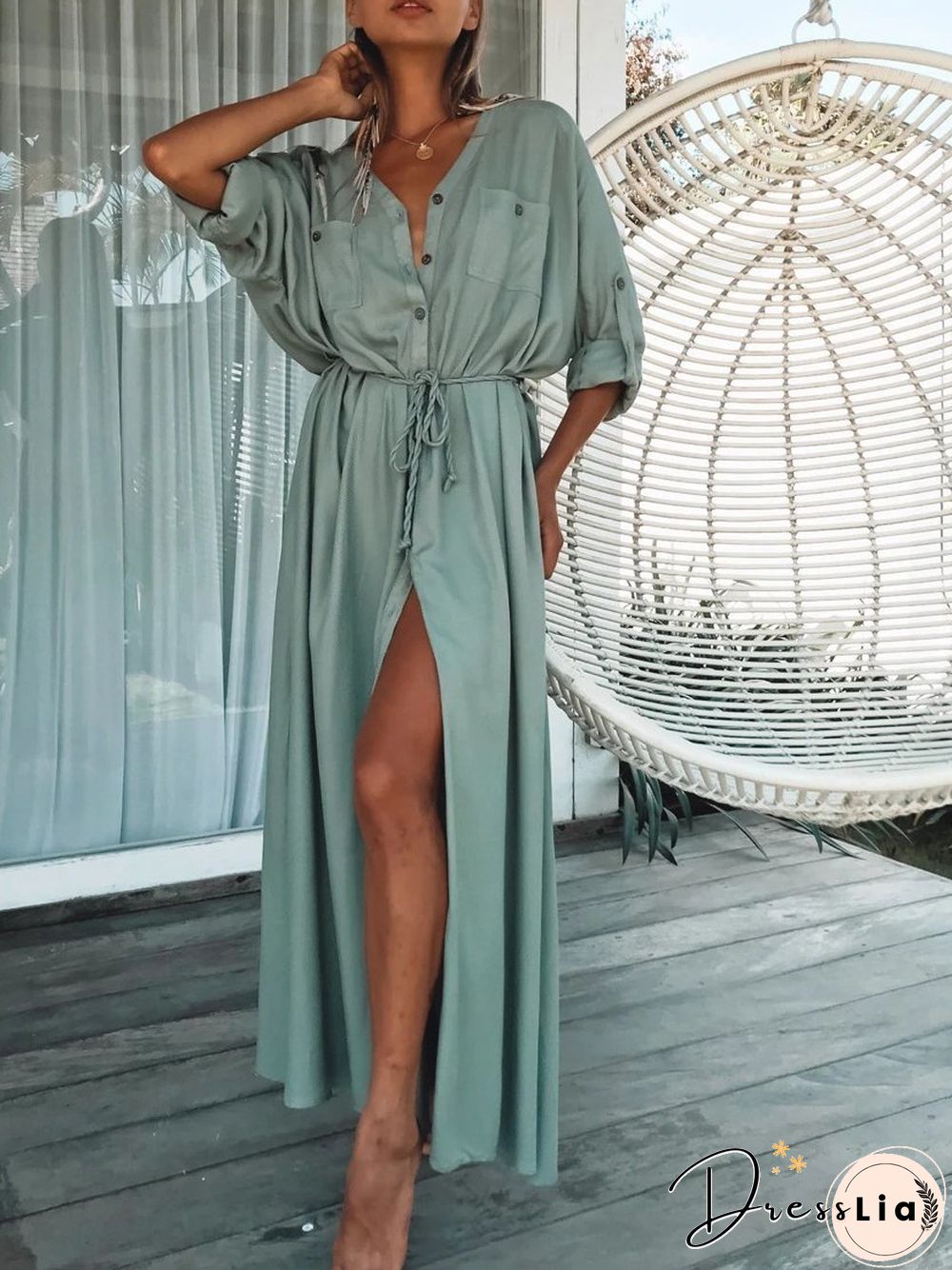 Single-Breasted Belt Beach Sun Protection Shirt Long Dress