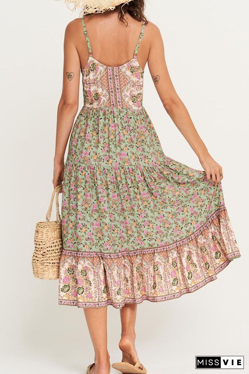 Fashion Casual Print Split Joint Spaghetti Strap Pleated Dresses