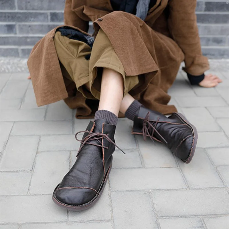 Handmade Women Calf Leather Booties Round Toe Lace-Up Flat Shoes Ankle Boots Brown/Coffee