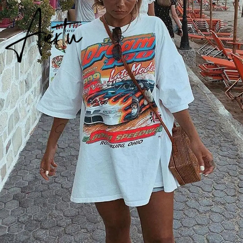 Harajuku Graphic T Shirts Summer Y2k T-shirt Pink Blue Letter Printing Women Car Moon Pattern Short Sleeve Tee-Shirts Female Top Aiertu