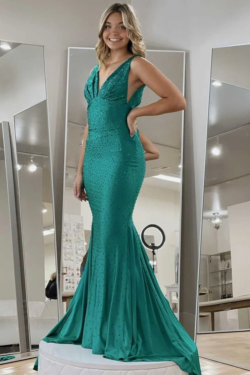 Daisda Mermaid Deep V-Neck Prom Dress Sleeveless With Appliques Court 