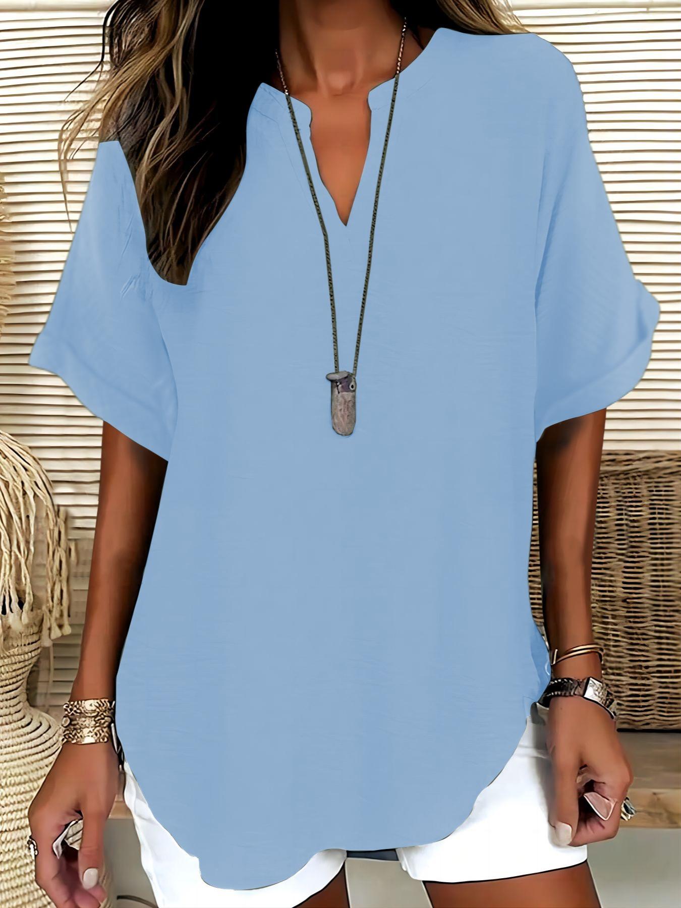 Women's Plain Short Sleeve Blouse, Shirts, Casual Solid Color Top for Daily Wear, Ladies Clothes for All Seasons