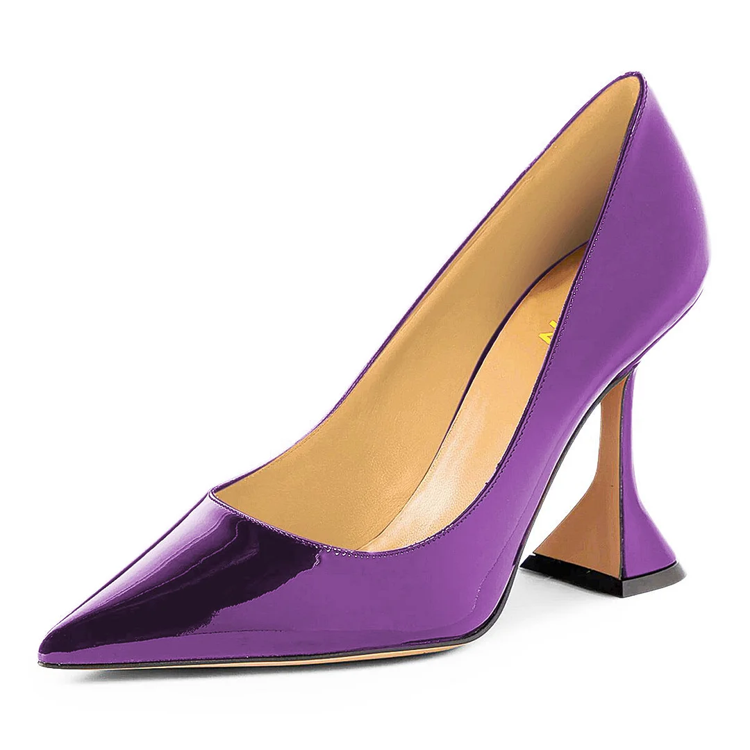 Dark purple Patent Leather Pointed Toe Classy Pumps with Flared Heel