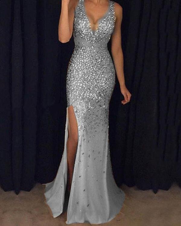 Tulle Sequin 3 Colors Split Mermaid Dress Sexy Evening Gown