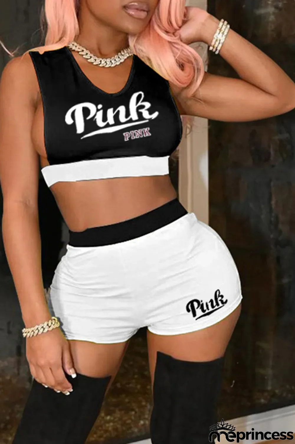 White Sexy Letter Print Patchwork O Neck Sleeveless Two Pieces