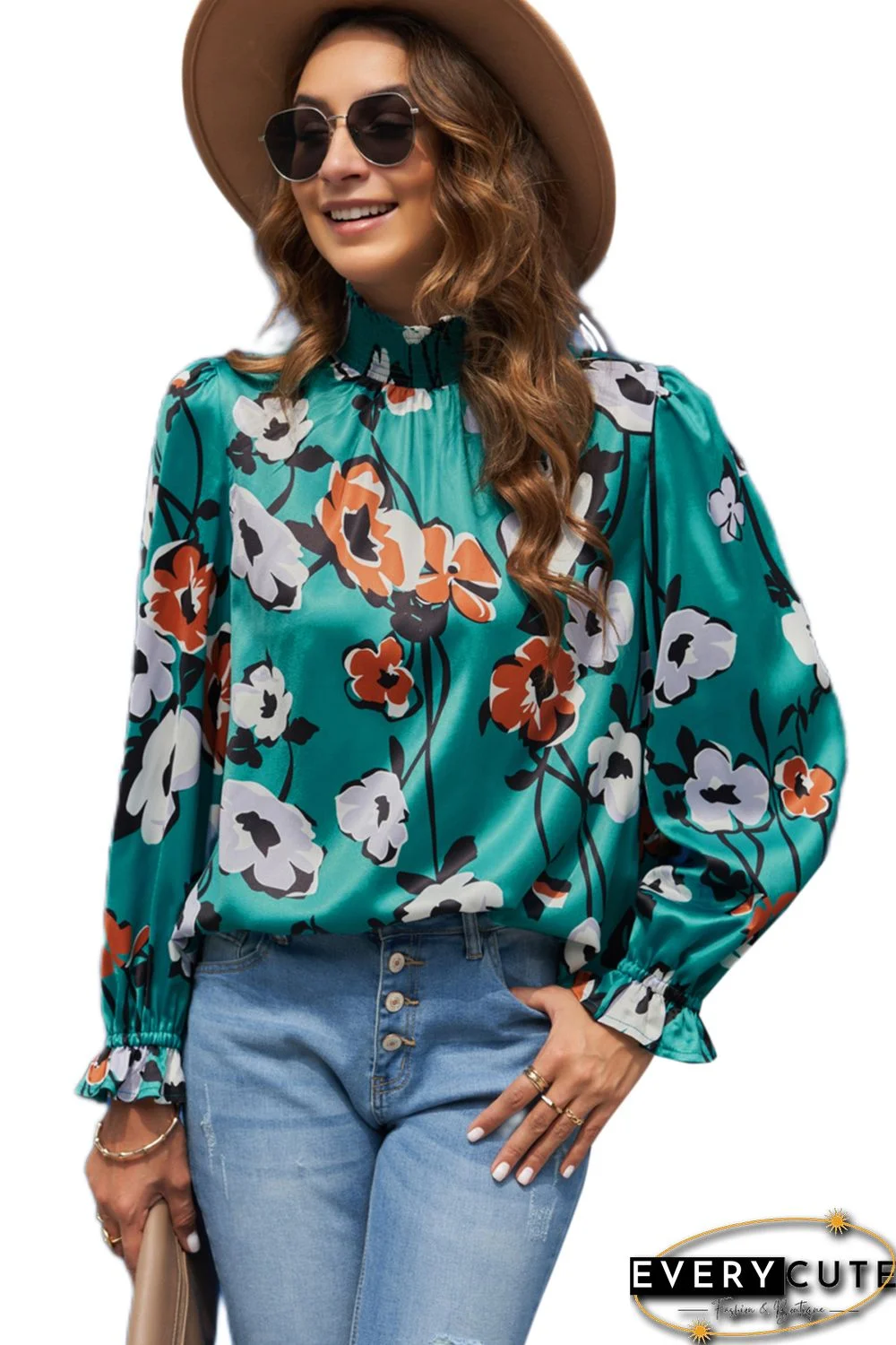 Floral Print Smocked Mock Neck Blouse