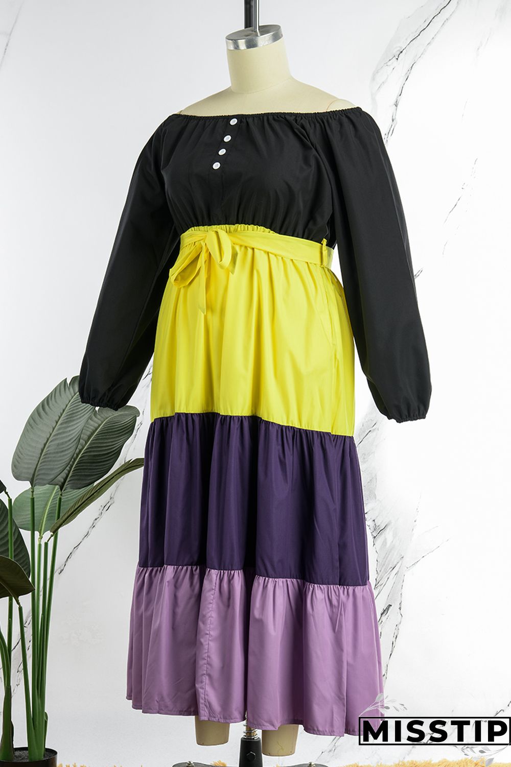 Green Casual Solid Patchwork Square Collar A Line Plus Size Dresses