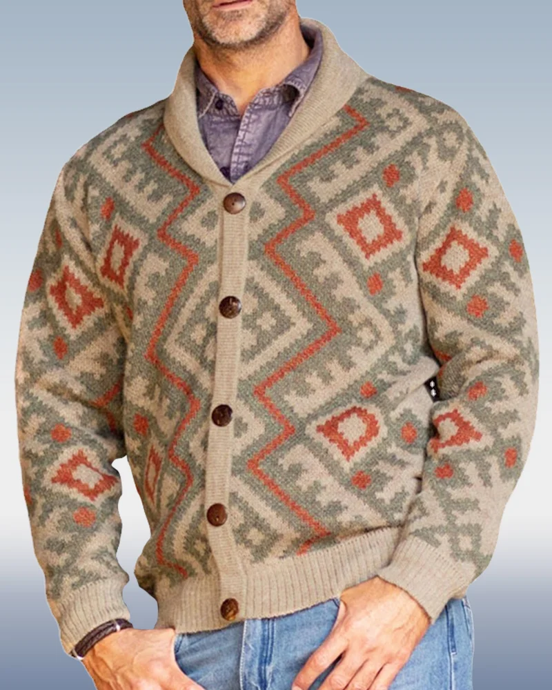 Men's Lapel Long Sleeve Jacquard Sweater