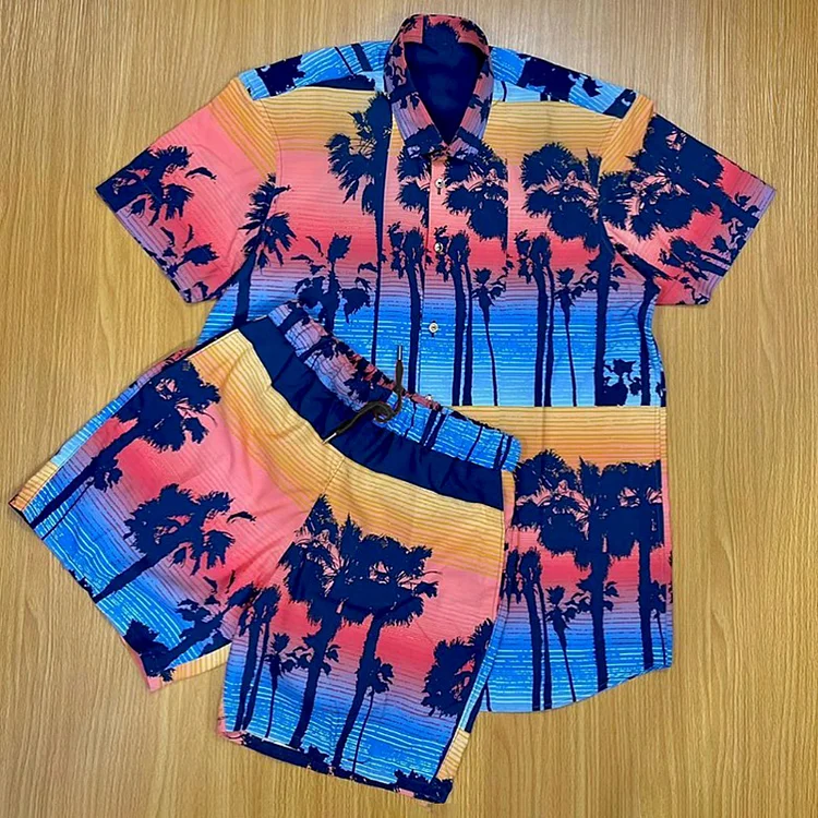 BrosWear Sunset Seaside Coconut Tree Print Shirt And Shorts Co-Ord