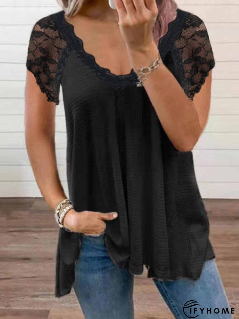 V Neck Casual Short Sleeve Solid T-shirt | IFYHOME