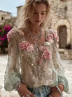 Vintage Pink Floral Embroidered Round Neck Long Sleeve Linen T Shirt