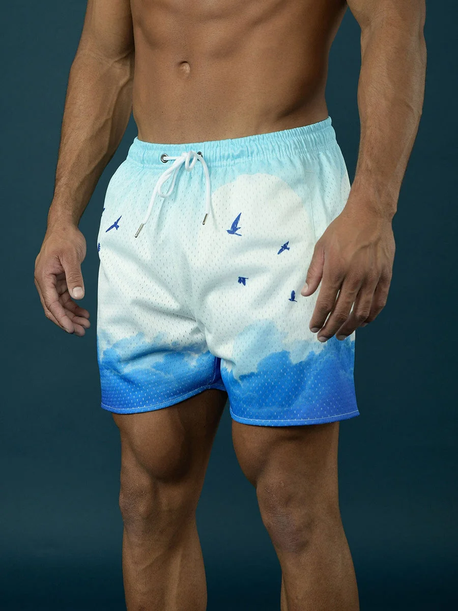 Men's Gradient White Cloud Flying Bird Printed Breathable Shorts