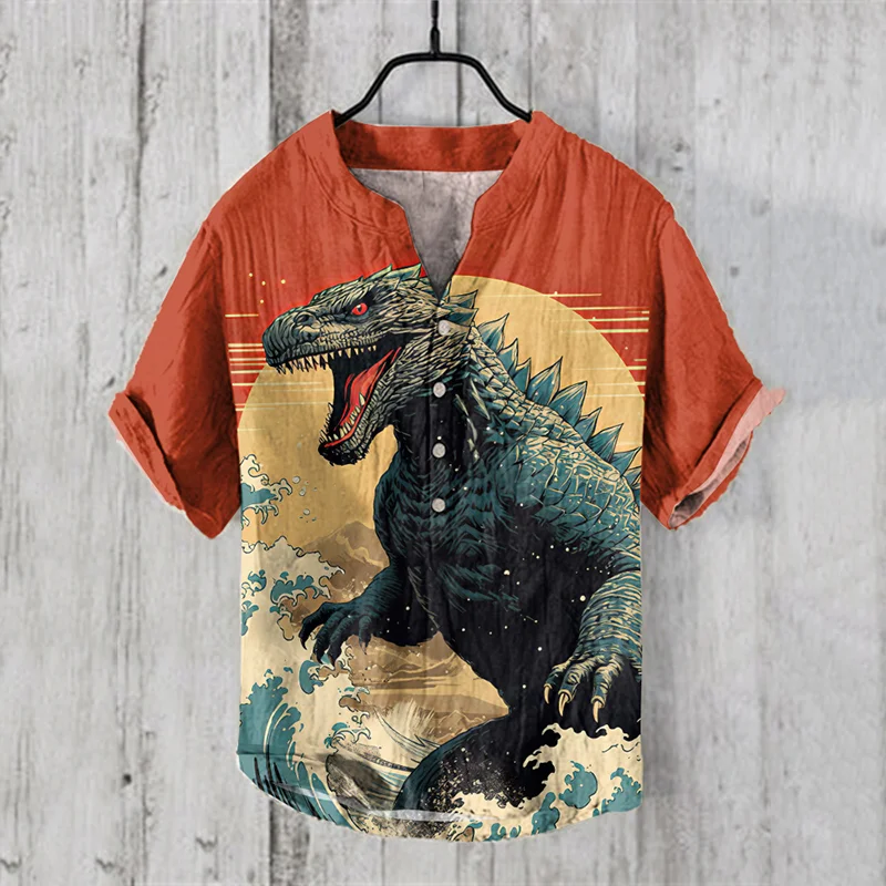 Sunset Waves And Godzilla Japanese Art Print Henry Collar Shirt
