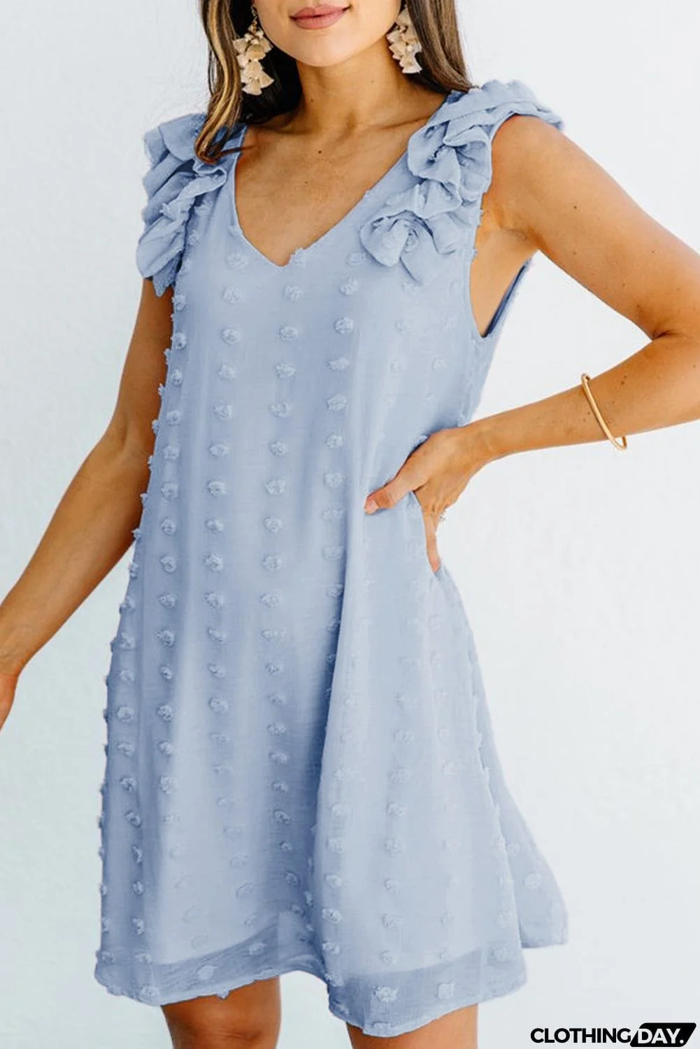 Swiss Dot V Neck Ruffled Sleeveless Mini Dress
