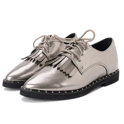 Silver Fringed Vintage Lace-up Oxfords Pointed Toe Brogues Vdcoo