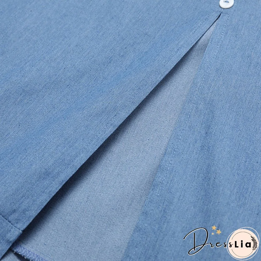 Women Elastic Waist Button Front Denim Skirt Flared Hem Casual Long Skirts