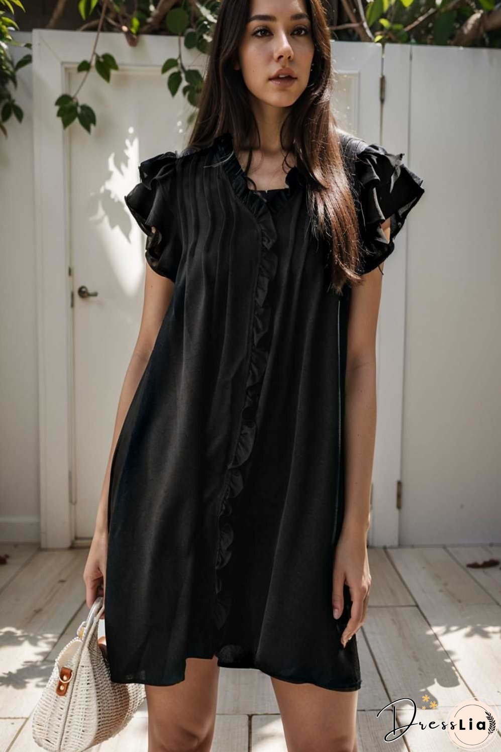 sweet black ruffle sleeve v neck mini shift dress