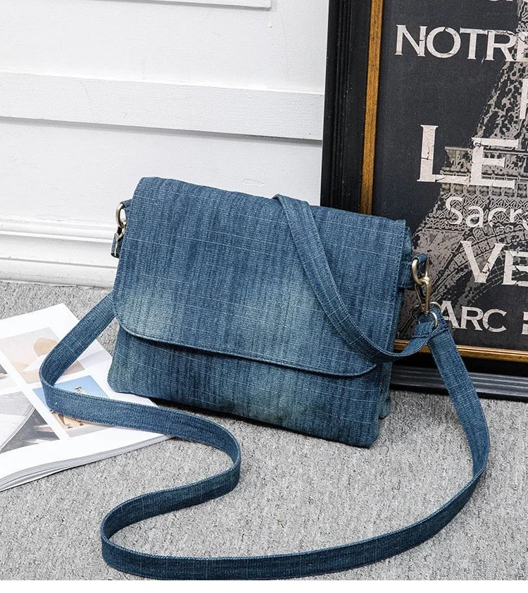 Casual Denim messenger bag for women Shoulder Crossbody Bag Multiple pockets ladies handbag Luxury design Female satchel blue