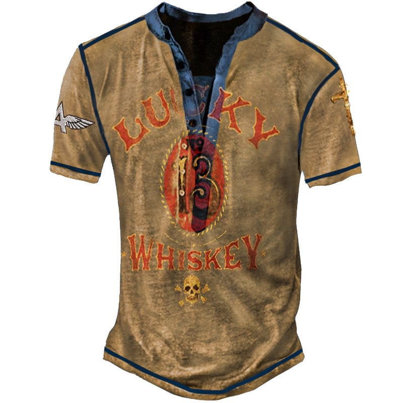 Men's Outdoor Retro "Lucky" Printed Loose Short Sleeve Top