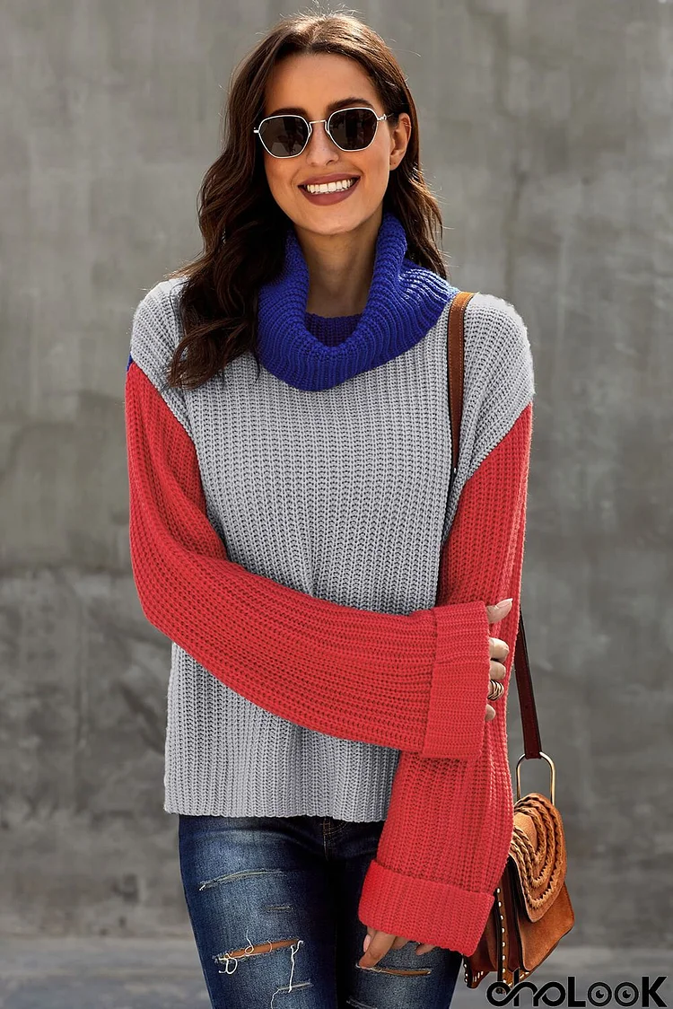 Blue Gris Turtleneck Color Block Knit Sweater