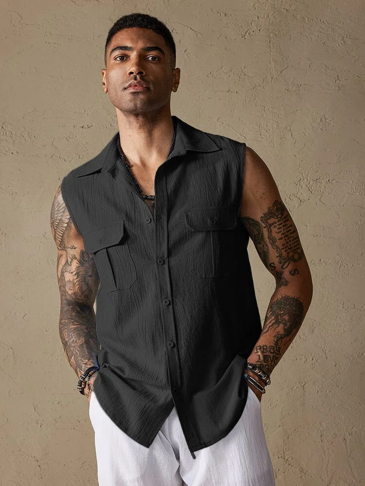 Cotton Linen Sleeveless Button Shirt with Pockets QueenFunky