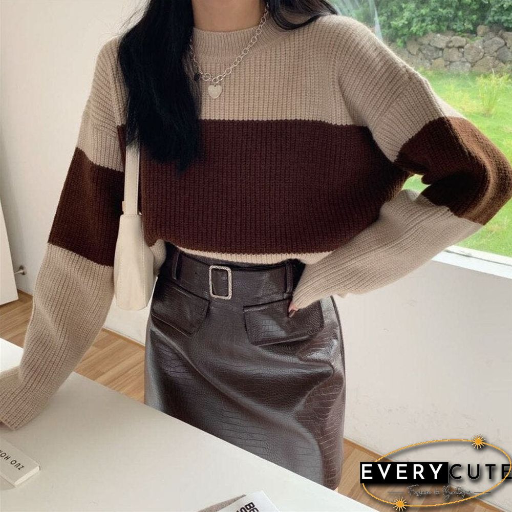 Elegant Striped Patchwork Womens Sweater Fashion Spring Outgoing Knitted Skin-Fe
