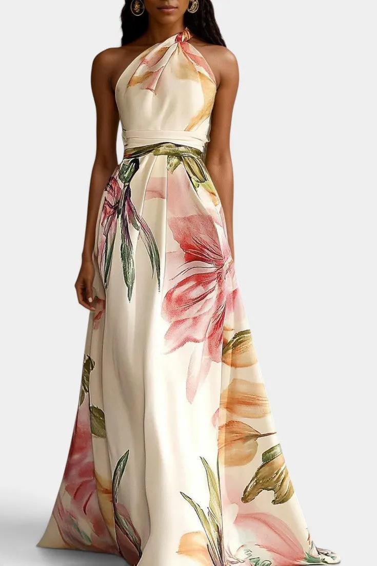 One-Shoulder Watercolor Floral Maxi with Tie Belt