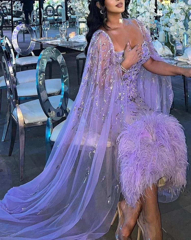 Women's Shawl Mesh Sequin Feather Dress