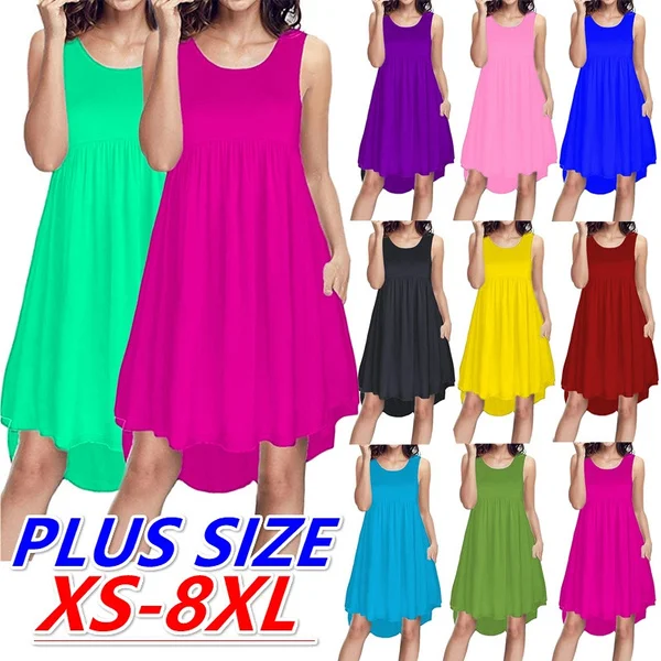 Plus Size Women Fashion Summer O-Neck Sleeveless Tank Dress Casual Solid Color Pleated Pockets Dress Beach Dress Loose Swing Flare T Shirt Dress Ladies Party Mini Dress Femme Tunic Knee Lenght Dress