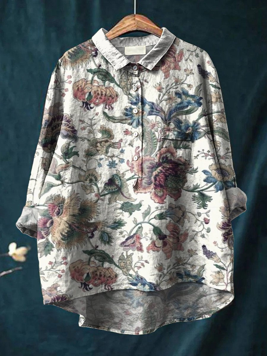 Retro Elegant Floral Decorative Pattern Casual Cotton And Linen Shirt