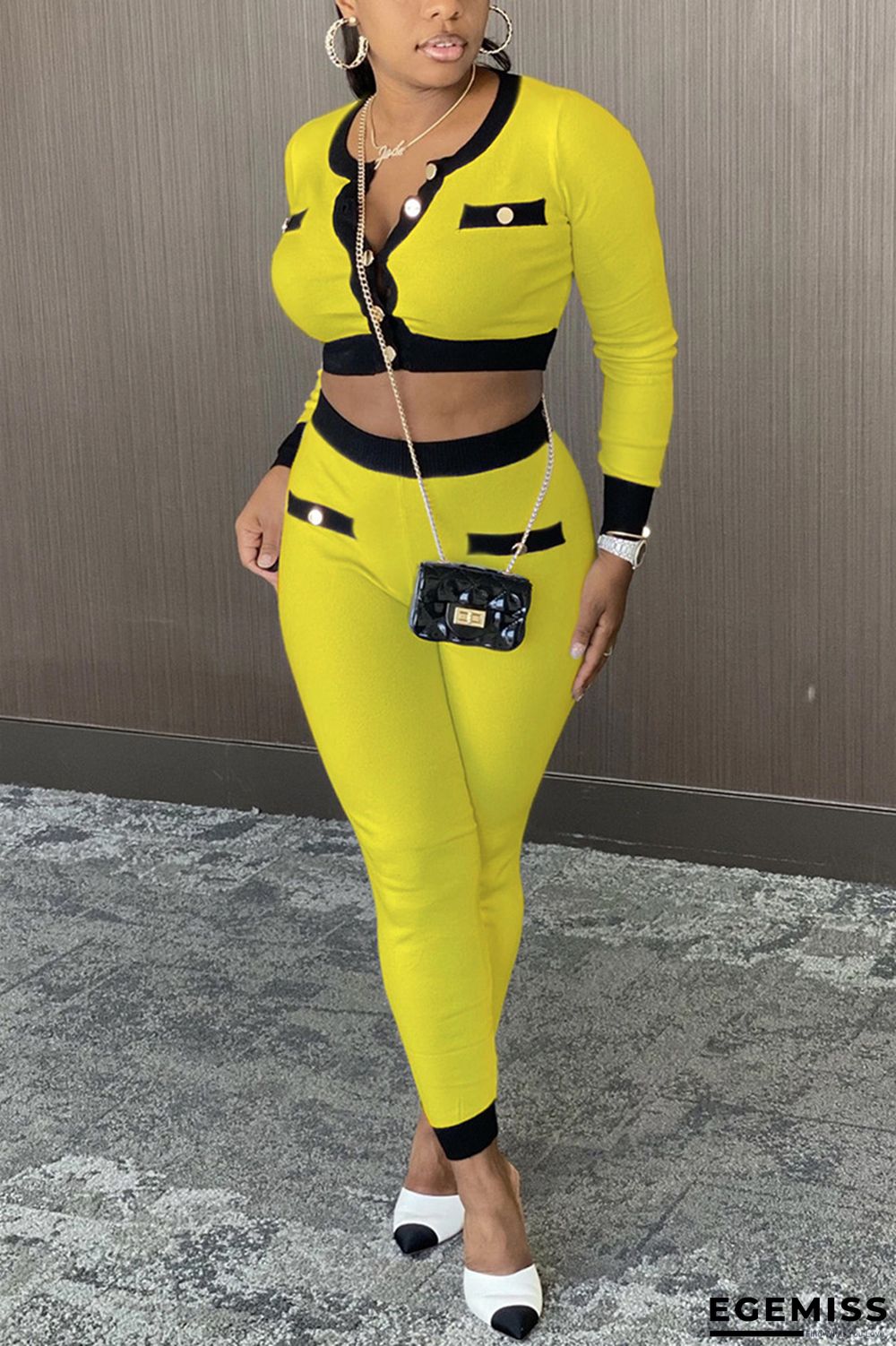 Yellow Street Geometric Patchwork O Neck Long Sleeve Regular Sleeve Short Two Pieces | EGEMISS