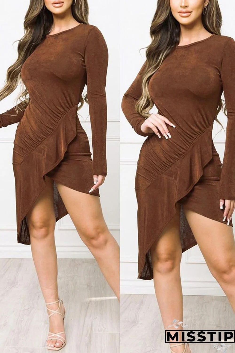 Brown Casual Solid Patchwork Asymmetrical Stringy Selvedge O Neck Irregular Dress Dresses