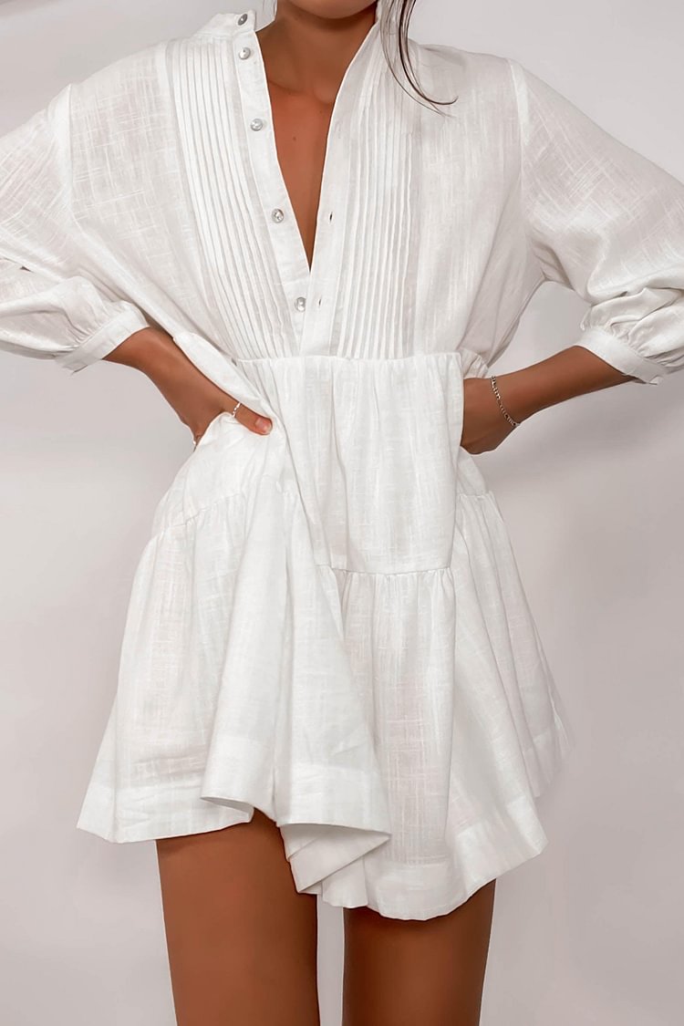 Long Sleeve Button White Mini Dresses