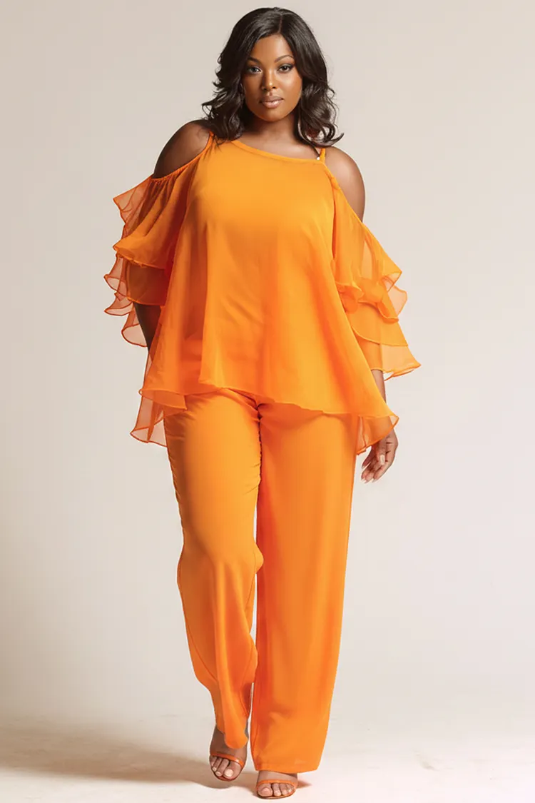 Xpluswear Design Plus Size Business Casual Orange Cold Shoulder Half Sleeve Ruffle Pocket Chiffon Two Piece Pant Sets [Pre-Order] 2024 - Xpluswear