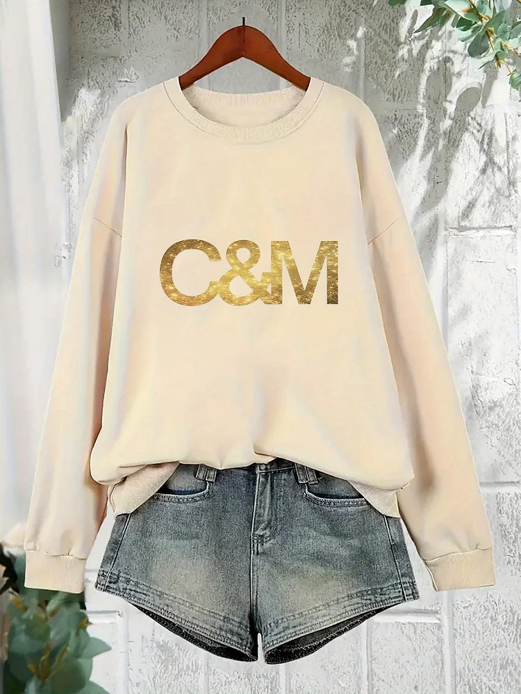 Women's Cozy Crew Neck Sweatshirt With Glittery "C&M" Print - Casual & Sporty, Soft Polyester Blend, Long Sleeves, Perfect For Casual Attire, Ladies Sweater