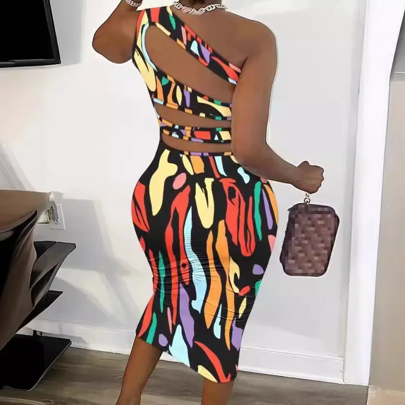 Wongn Wongn Women's Dress Elegant Diagonal Shoulder Print Hollow Out Back Tight Hip Dress