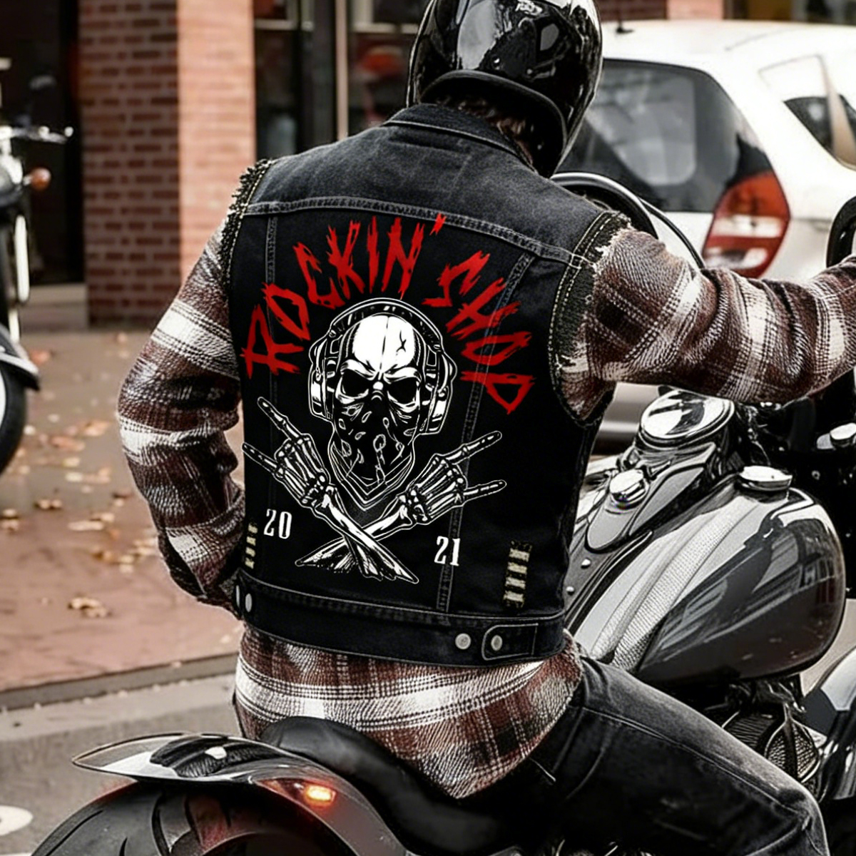 Denim Vest For Men Rockin' Skull Print Biker Style Sleeveless Jacket