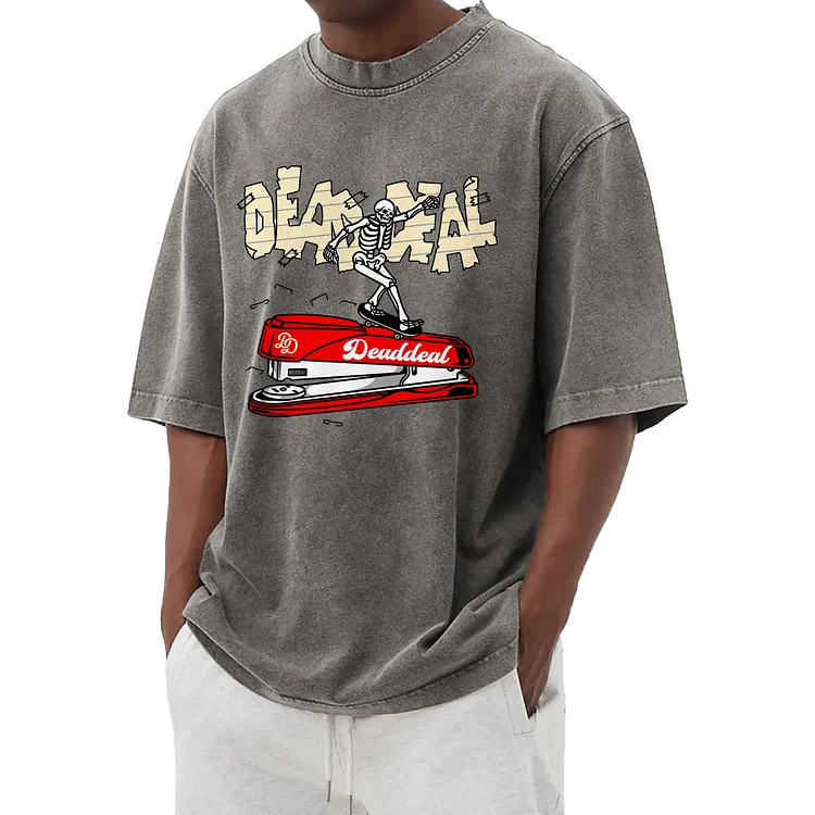 Funny Skull Stapler Washed T-shirt 002