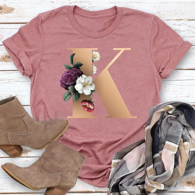 Floral Alphabet Font Letter K Round Neck T-shirt
